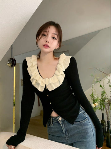 Yipinpay Vintage Knitted Cardigan Woman Casual Black Long Sleeve Tops Retro 2023 Autumn Design Korean Style Bodycon Clothing Female